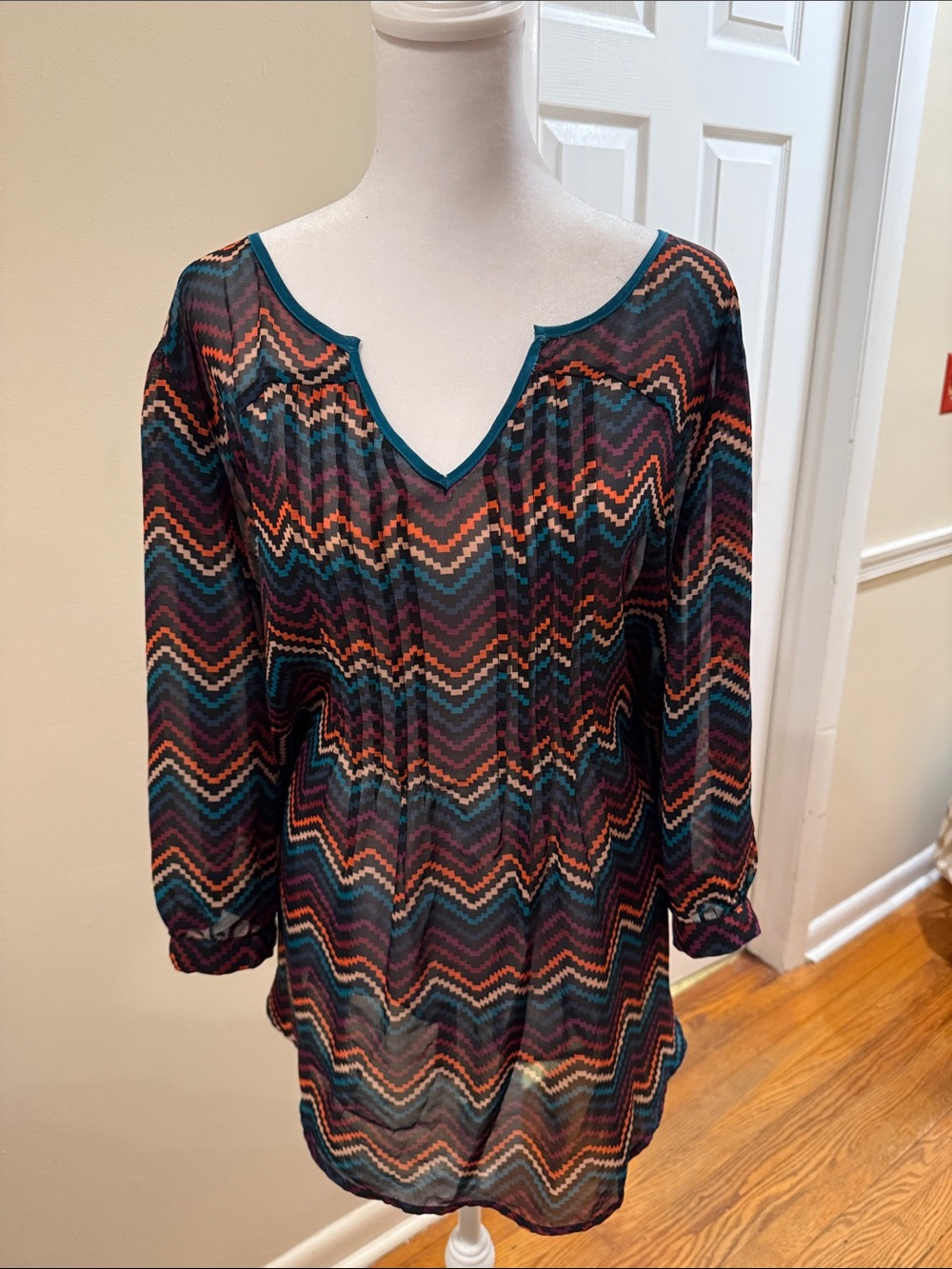 Eyeshadow Sheer Chevron Tunic - Teal, Coral, Black Size 2X